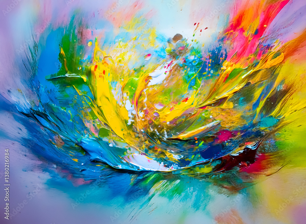 Poster Hints: The image is an explosion of colors and shapes that suggest movement.

An explosion of vivid hues and forms bursts forth, conveying motion and energy. The abstract artwork has diverse shapes, c