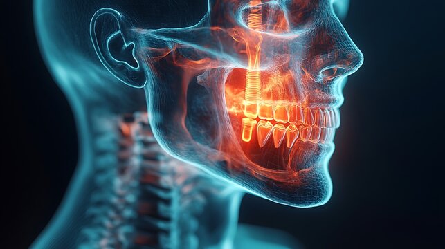 Cross-sectional 3D x-ray view of a human head with dental implant glowing in the jaw, soft transparency on skull, highlighted nerves and bone textures, digital HUD overlay elements. --ar 16:9