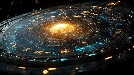 Holographic interface displaying a detailed 3D solar system model for navigation and