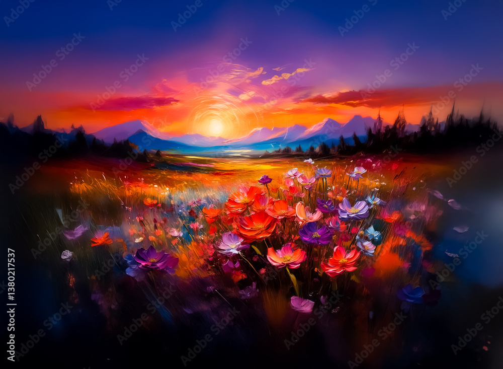 Poster hint: this image is a vibrant sunset over a field of flowers and mountains. a radiant sunset bathes 