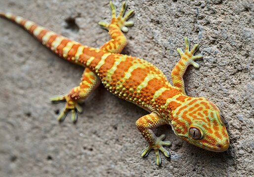 Vibrant Orange Gecko Lizard on Concrete Wall - Wildlife Animal Macro Photography