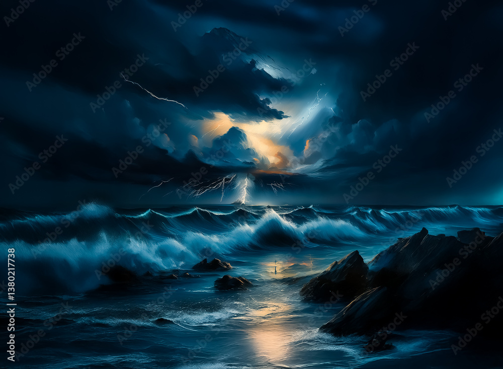 Poster a tempestuous ocean scene under a dramatic, dark sky with lightning flashes. waves crash against roc
