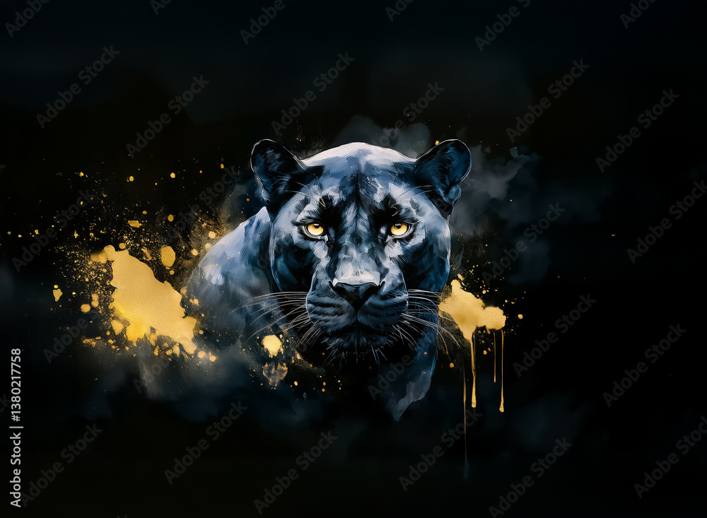 Poster a majestic panther with glowing eyes emerges from darkness and golden splashes. hints of smoke and s