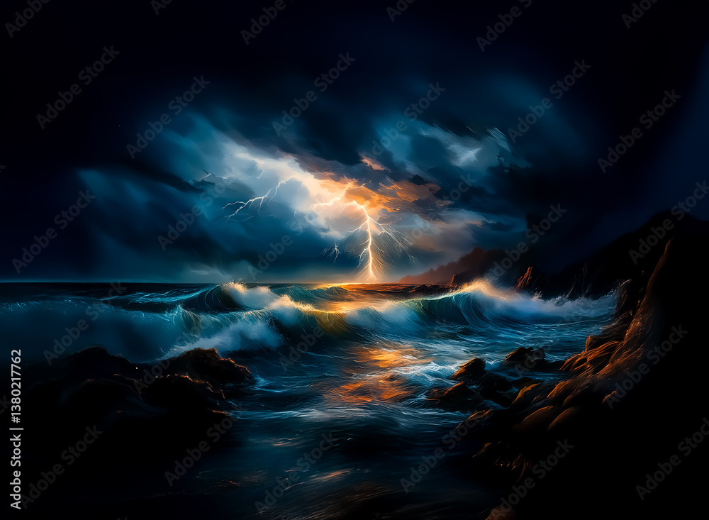 Poster the image portrays a dramatic seascape during a storm, featuring intense lightning illuminating the 