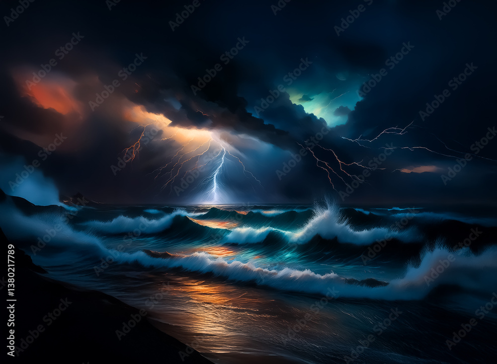 Poster A dramatic seascape view with a powerful lightning strike illuminating dark storm clouds and crashing waves. The sky glows with contrasting colors during the tempest.