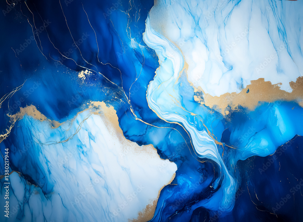 Poster a swirling abstract design showcasing deep blues, white and touches of gold. the fluid shapes create