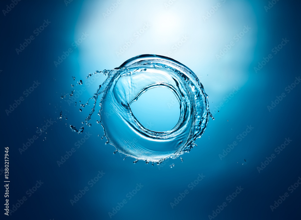 Aufkleber The image depicts a dynamic water splash forming a circular shape against a gradient blue background. The water has an ethereal quality with droplets visible. The circular form is a focal point.