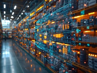 Holographic interface displaying inventory levels product locations and reorder alerts