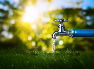 Here's a description incorporating the hints, followed by the keywords:

Fresh water flows from a faucet into lush green grass, symbolizing purity and life. The bright sunlight creates a vibrant backd