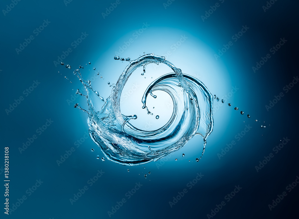 Poster the image captures a dynamic water splash, forming a swirling vortex against a gradient of blue hues