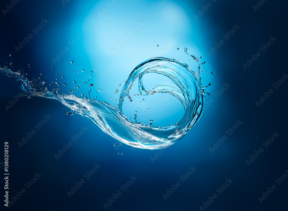 Leinwandbilder Water swirls and splashes in a dynamic, spiraling motion against a gradient blue backdrop, creating a sense of fluid movement and refreshing energy.