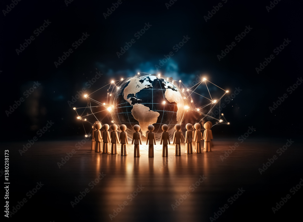 Fototapete a glowing network of connections surrounds a globe with tiny figures, representing global unity and 