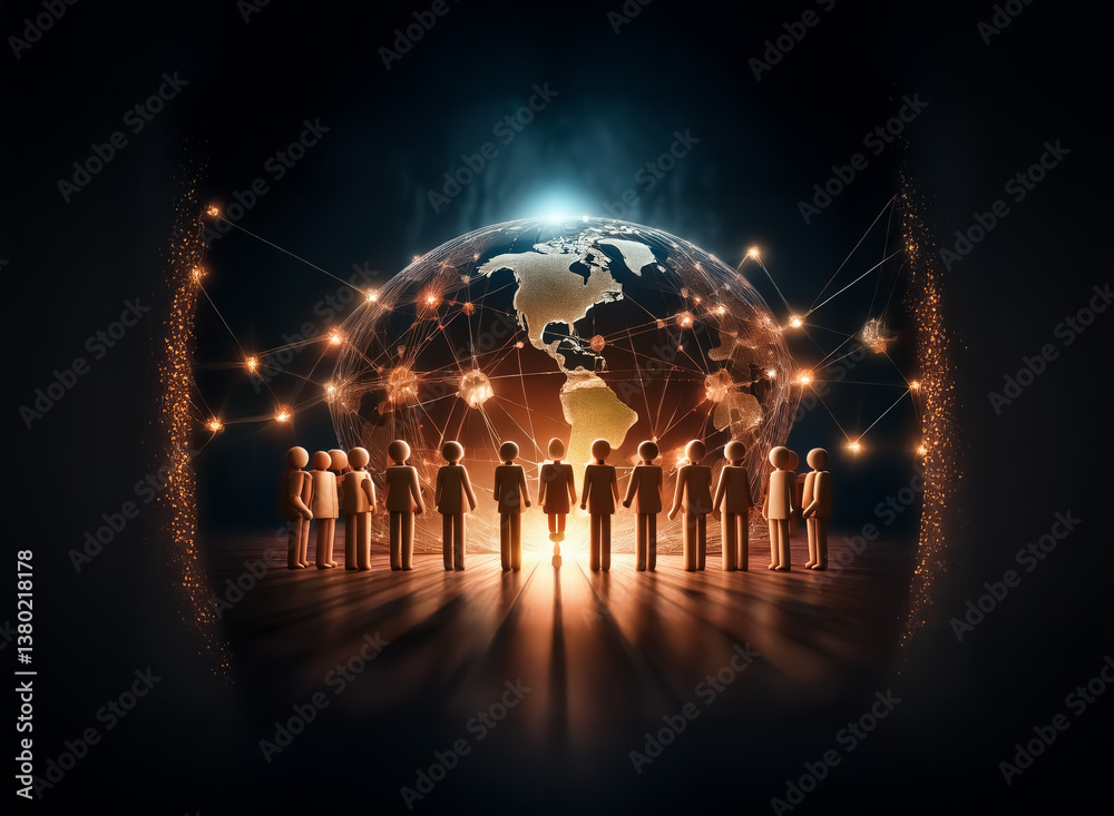 Leinwandbilder A global network forms, connecting figures around a glowing globe. A group stands beneath, emphasizing interconnectedness and collaboration, enhanced by light and shadow. The figures represent a unifi