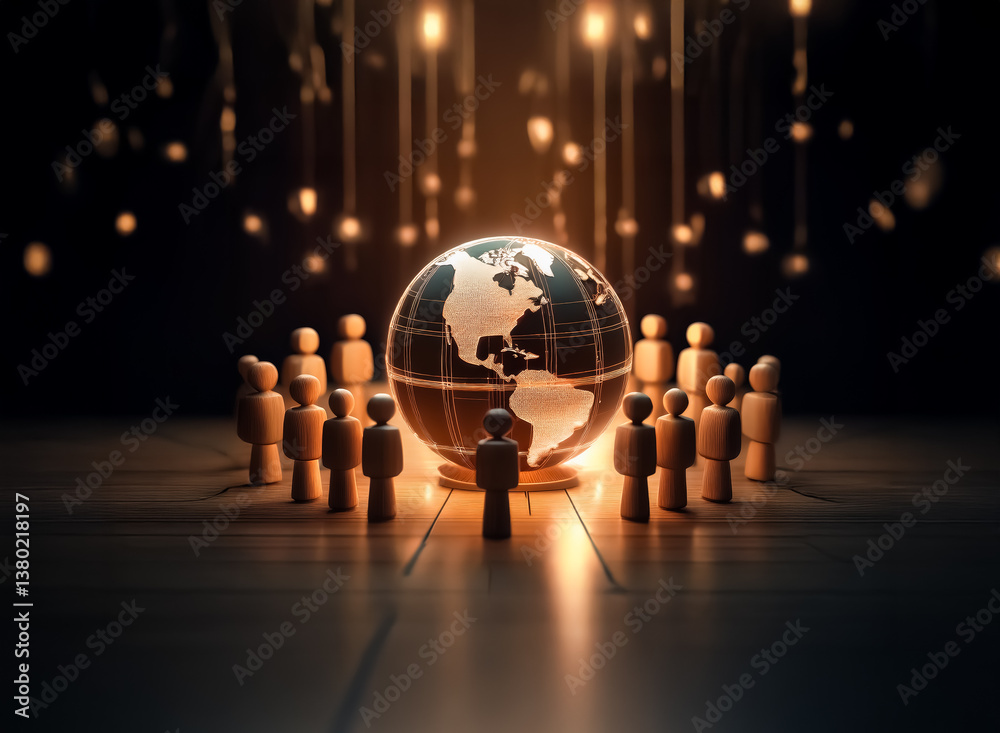 Poster Global team surrounds the world, highlighted by glowing lights, showcasing unity and global collaboration in a dark, reflective environment.