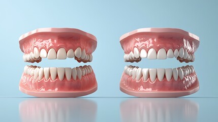 Obraz premium Educational infographic showing before and after of a full mouth reconstruction using implants, side-by-side views with clean blue and white background, minimalistic and modern. --ar 16:9