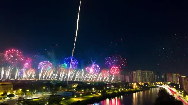 Fireworks over the river and city skyline at night with lights reflecting on the water 