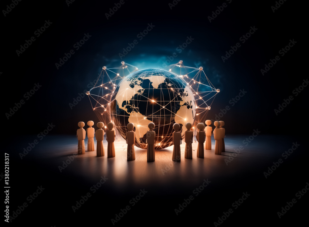 Leinwandbilder Wooden figures encircle a glowing globe with interconnected network lines. Representing global communication, digital connection, and worldwide community.