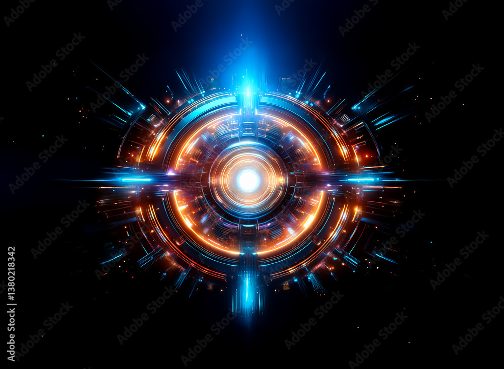 Poster A glowing, abstract circular design dominates the dark space. The design is filled with multiple rings and lines of light, creating a futuristic, energy-filled visual. Hints of orange and blue interpl