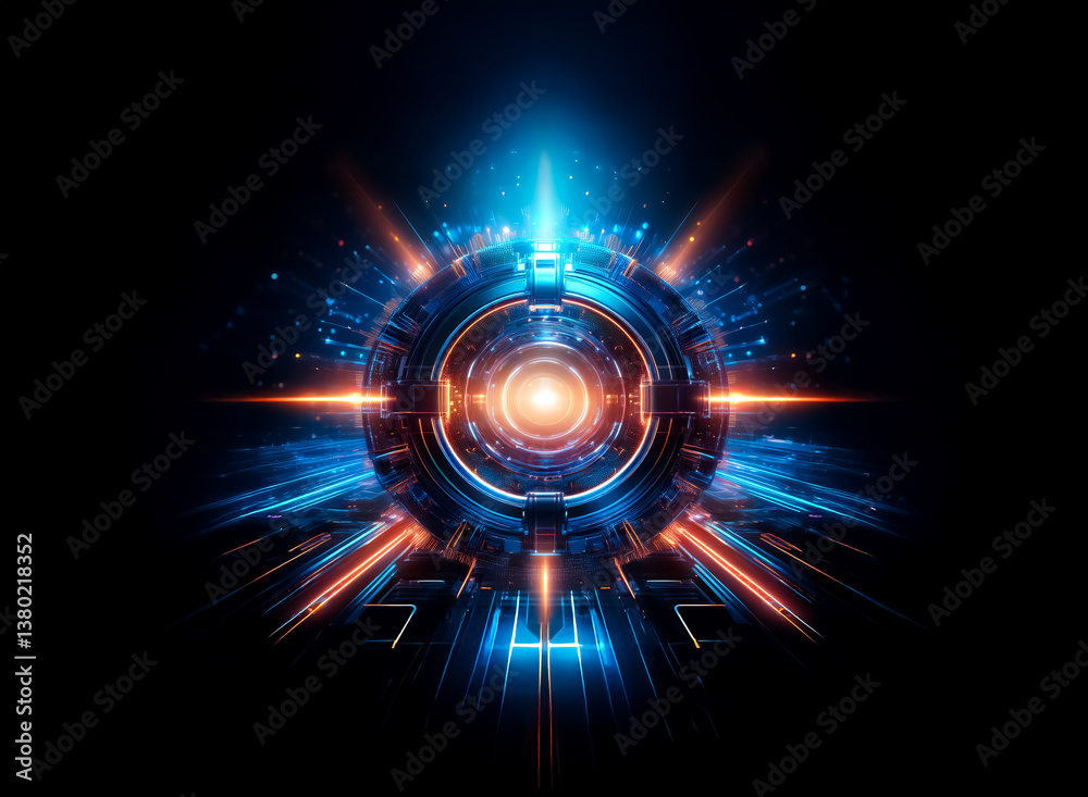 Poster a mesmerizing circular, glowing design. hints of blue and orange illuminate the dark void, giving th