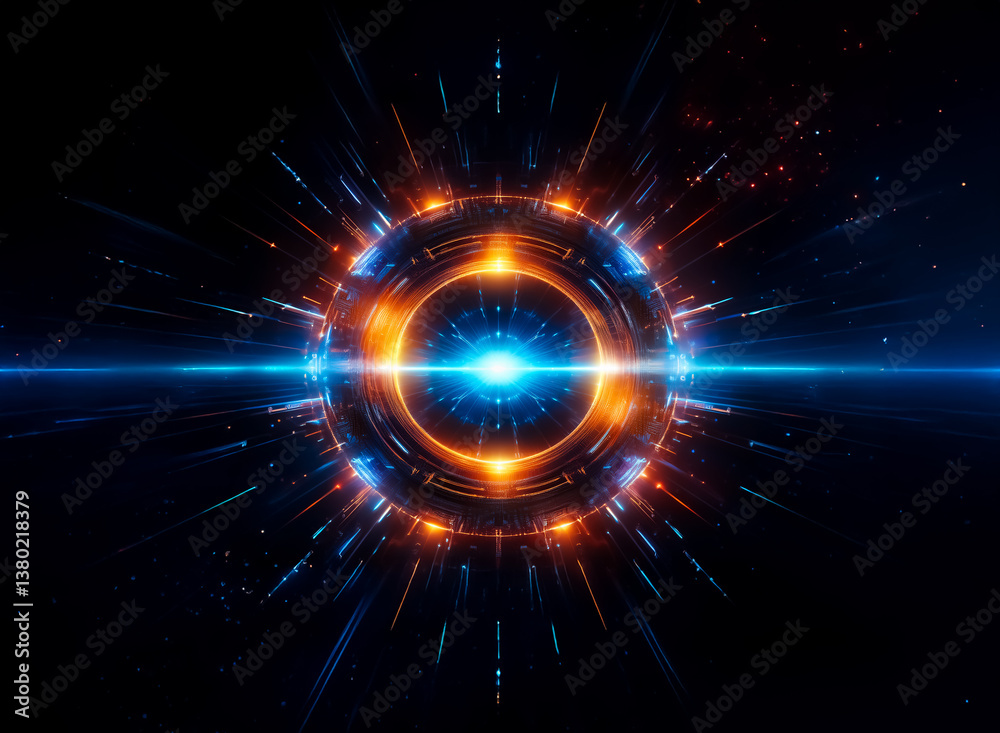 Poster abstract digital art featuring a vibrant, glowing orb with radiating lines of blue and orange light 