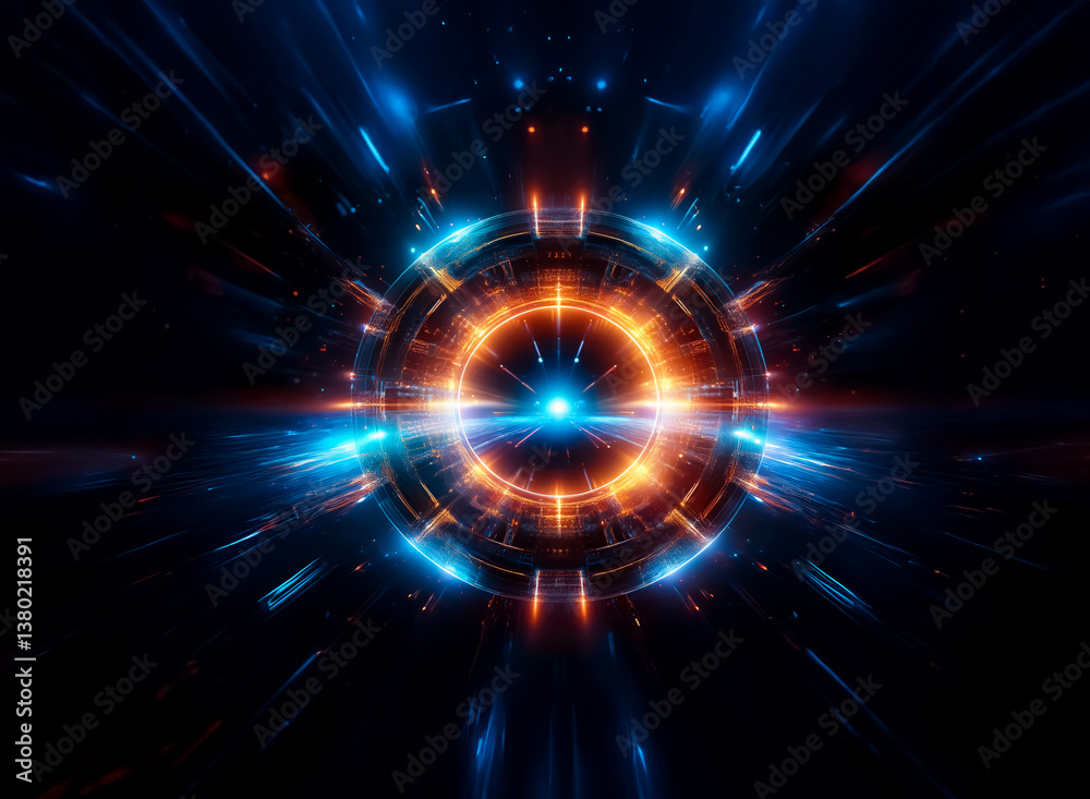 Aufkleber A vibrant abstract image of a luminous circular core.  Radiating beams of blue and orange light burst outwards on a dark backdrop, creating an energetic and futuristic effect.