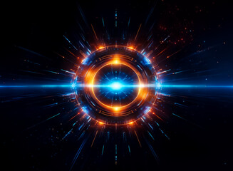 Obraz premium Abstract digital art featuring a vibrant, glowing orb with radiating lines of blue and orange light against a dark background, creating a dynamic, energetic, and futuristic effect.