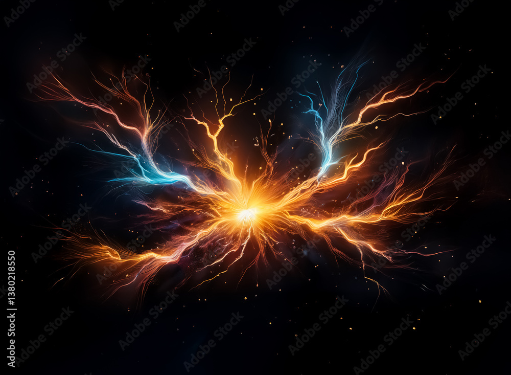 Poster a vibrant energy burst radiates outward, forming electric patterns against a dark backdrop. hints of