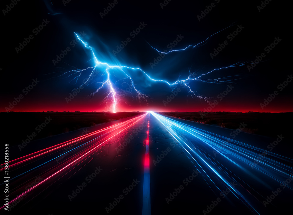 Leinwandbilder an illuminated highway extends towards a horizon under an electric sky. a lightning bolt crashes dow