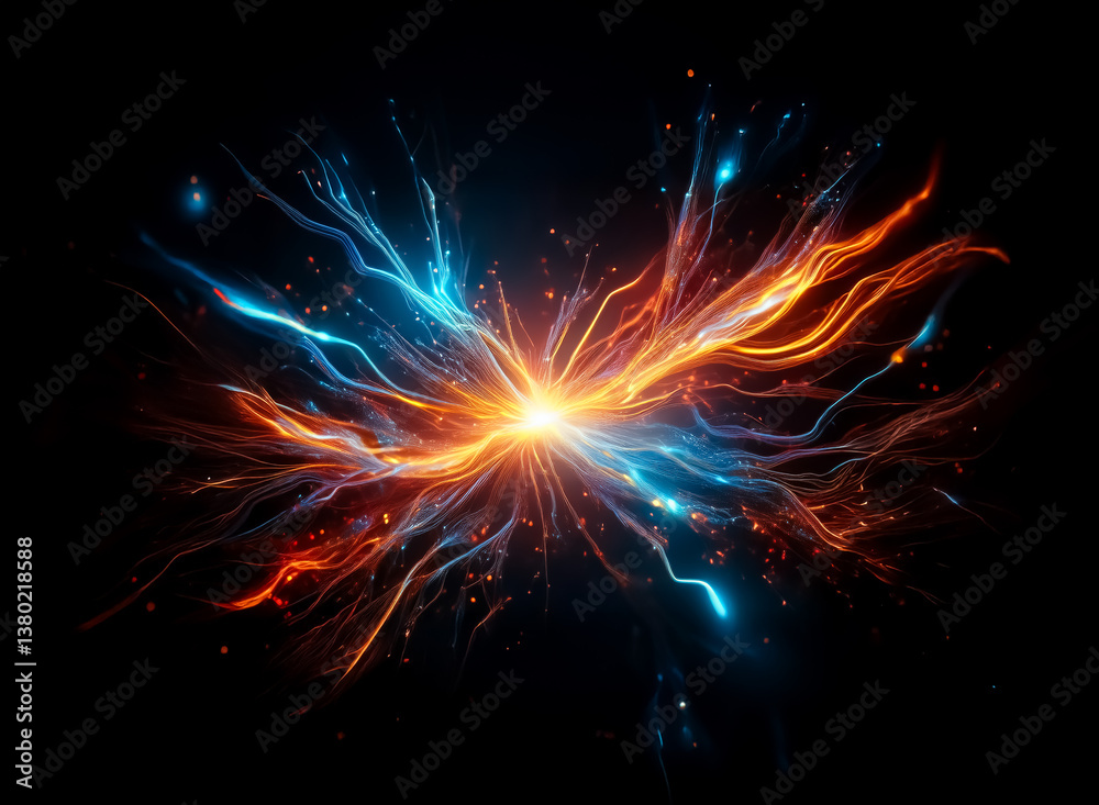 Leinwandbilder vibrant energy bursts from a central point, radiating outwards with fiery orange and cool blue strea