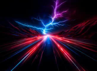 A vibrant road stretches into the dark, illuminated by red and blue light streaks. Above, a dramatic lightning storm with purple and blue bolts electrifies the night sky.