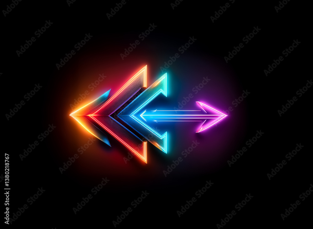 Poster vibrant neon arrow points left on a black backdrop. layers of orange, blue, and pink create a lumino