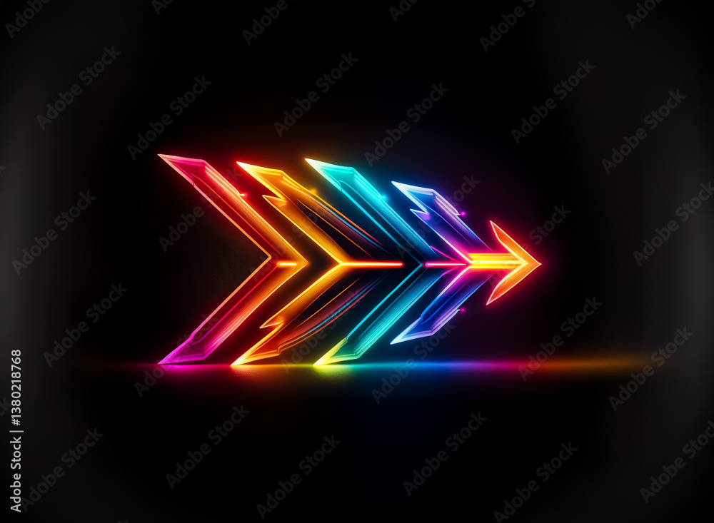 Poster vibrant rainbow colored arrow pointing right, glowing brightly against a dark backdrop, showcasing a