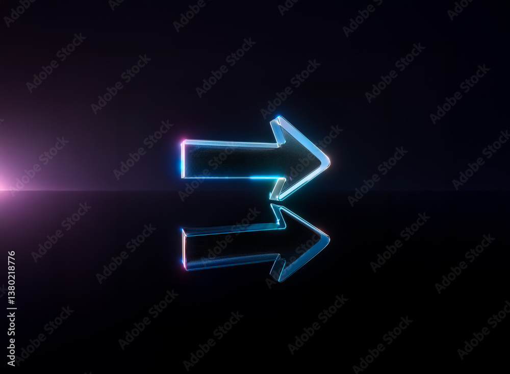 Poster a luminous arrow, outlined in vibrant blue and pink light, points right. it casts a clear reflection