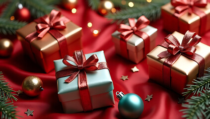 Vibrant Christmas Gift Background with Metallic and Matte Presents