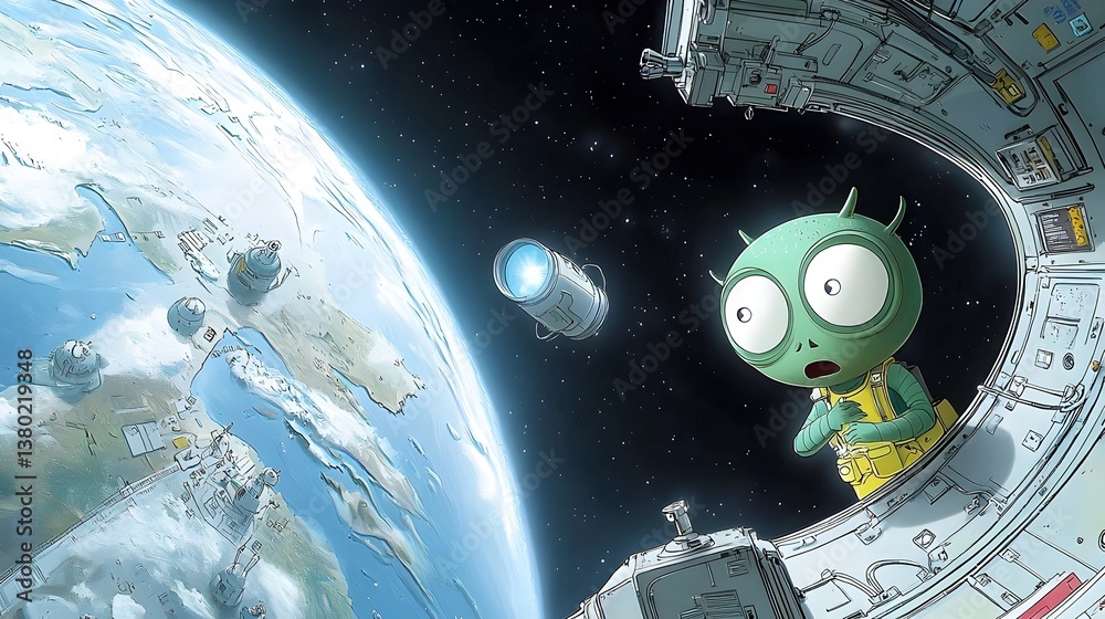 Poster a young curious alien prince stares in awe at the vast blue planet of earth from the window of his f