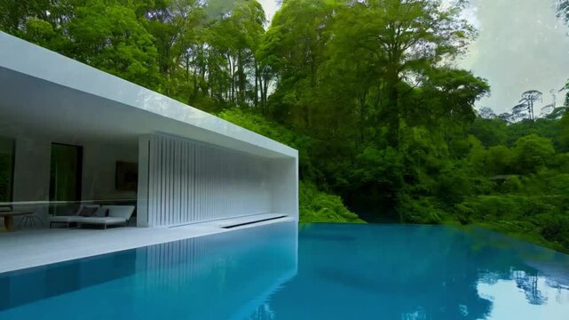 Luxury hotel with swimming pool and forest outdoor design under a clear sky