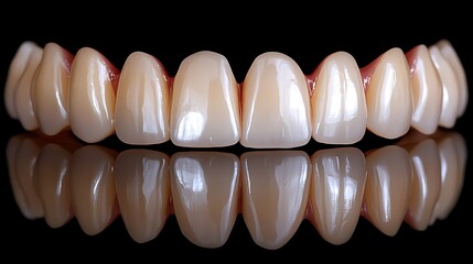 Full dental restoration diagram showing upper and lower arches with 8 implants each, labeled structures including abutments and porcelain crowns, educational and clean design. --ar 16:9