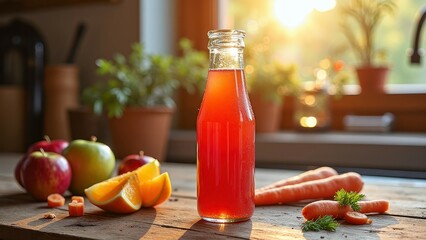 Fresh carrot and apple juice in sunlit kitchen setting