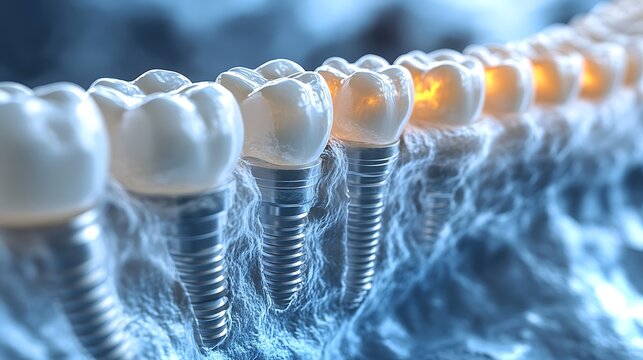 High-detail 3D model of dental implants with magnified views of mini vs traditional implant tips, side-by-side with bone interaction effects, minimal sterile background. --ar 16:9