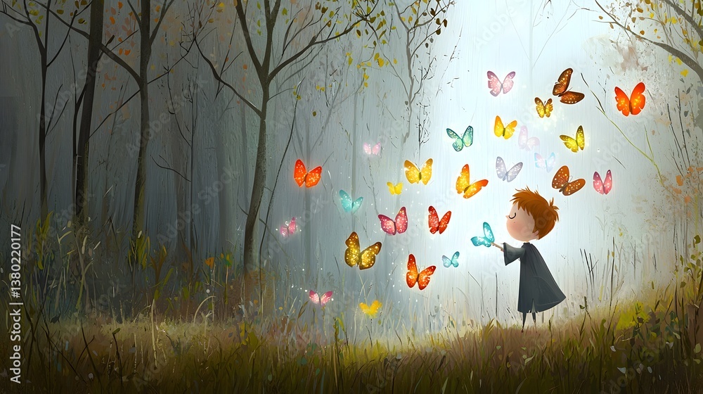 Aufkleber a young sorcerer stands in an ethereal misty forest surrounded by a swirling vortex of vibrant glowi