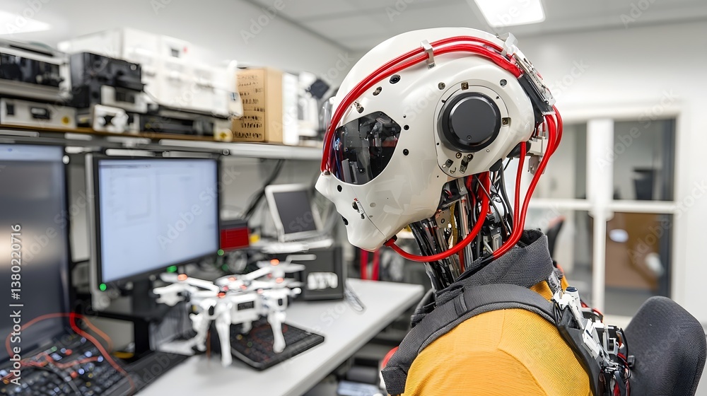 Fototapete Advanced robotics testing lab where cutting edge drones and humanoid robots are developed and perfected through rigorous experimentation and innovation