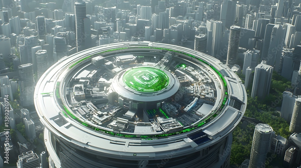 Leinwandbilder aerial view of a futuristic technologically advanced city with a central ai powered control hub over