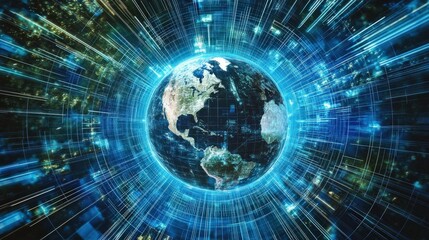 Obraz premium This vibrant digital artwork features Earth at the center, surrounded by dynamic data streams and abstract light patterns that symbolize global connectivity and technology.