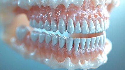 Obraz premium Realistic 3D rendering of full mouth dental implant reconstruction, upper and lower jaws with visible titanium implants supporting ceramic crowns and bridges, soft lighting,