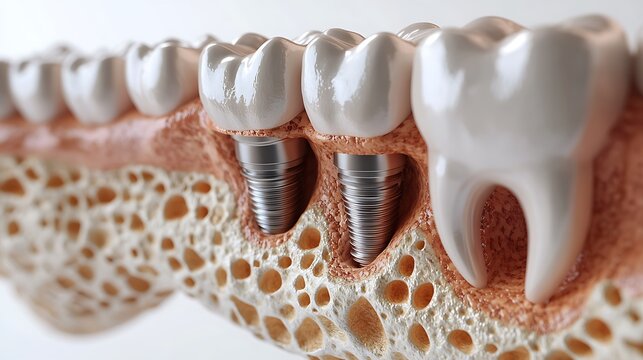 Side-by-side educational graphic of mini implant and traditional dental implant, exploded view with labeled parts, detailed bone and gum textures, white studio backdrop. --ar 16:9