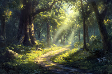 Naklejka premium Enchanted Forest Pathway: A Serene Escape into Nature's Tranquility