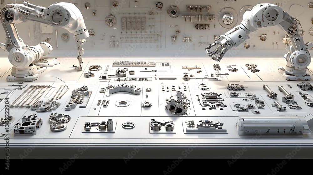 Aufkleber An automated industrial factory setting with robotic arms precisely assembling a variety of mechanical components and electronic parts on a meticulously organized workbench