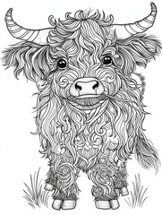 The highland cow lives in magnificent meadows. Alpine cow grazing in a meadow. Line art.