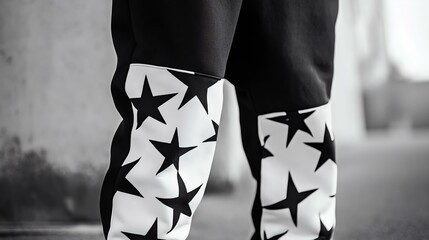 Trendy black and white pants with star patterns, ideal for urban streetwear. Perfect for fashion enthusiasts and stylish outfits.