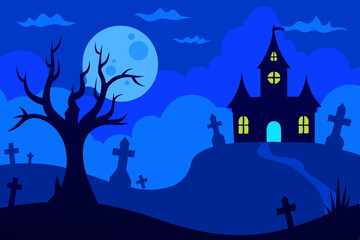 halloween night scene with castle